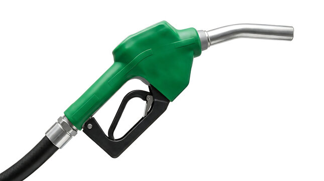 Green fuel pump nozzle with black handle and metal spout