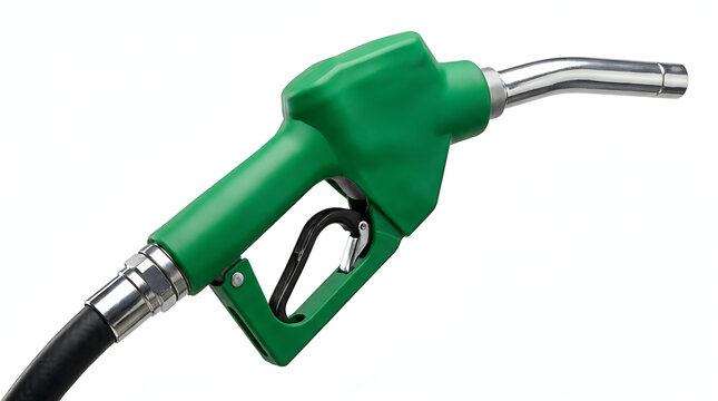 Green fuel pump nozzle with chrome spout and black hose
