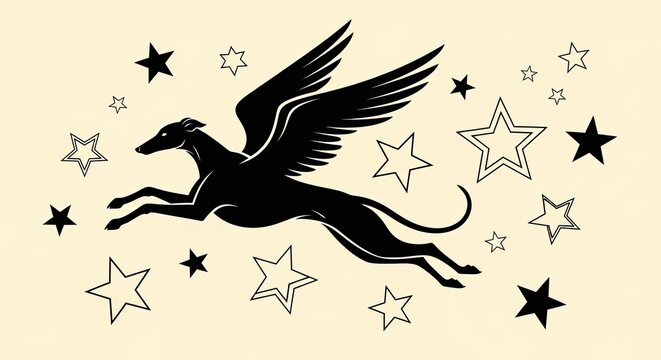 Stylized black silhouette of a mythical winged sighthound dog flying among sparkling stars. Fantasy creature illustration.