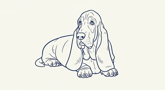 Charming Basset Hound dog illustration, hand-drawn line art. Adorable pet animal with long droopy ears lying down, cartoon style.