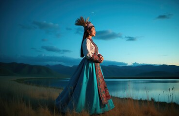 Fototapeta premium Young Mongolian girl in traditional dress stands by lake at dusk. Woman wears ornate headdress and embroidered blue skirt. Landscape features hills, water, and sky.