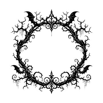 Intricate halloween monogram wreath with twisted thorns and bat accents as transparent cutout