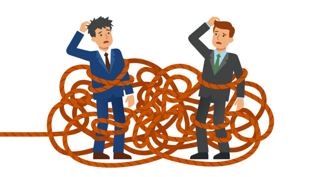 Two confused businessmen scratching heads tangled in giant knotted rope, corporate problem solving concept, flat vector illustration of complex business challenges, workplace confusion and tangled