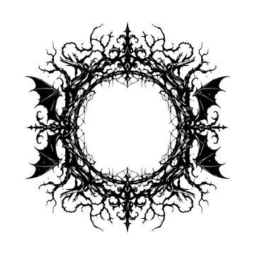Gothic halloween monogram frame with spooky bat silhouettes and bare twigs as PNG cutout