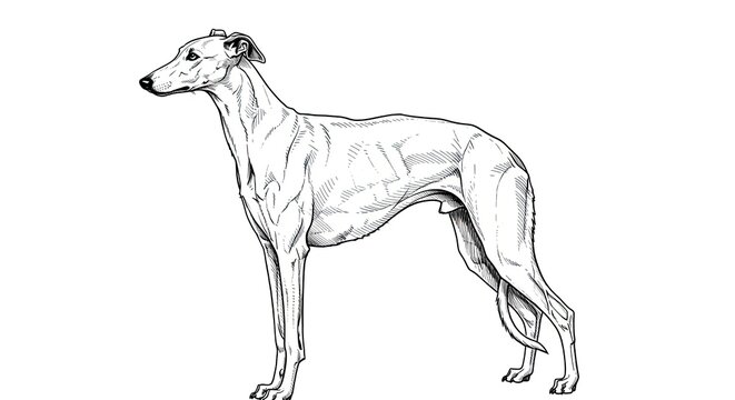 Elegant Greyhound Dog Line Art Illustration. Black and White Hand-Drawn Sketch of a Standing Sighthound in Profile