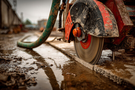 A worker uses a circular saw to cut through concrete at a construction site while it is raining. Water collects on the ground around the saw