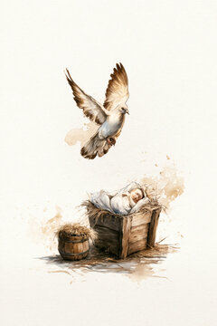 A white dove with brown wings flies down to a baby wrapped in cloth lying in a wooden manger filled with hay. A small barrel is nearby