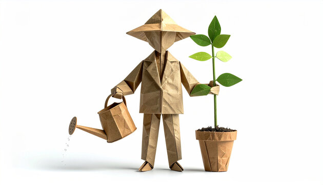 Origami Paper Farmer Holding a Watering Can and Tending to a Potted Green Plant for Sustainable Farming Concept