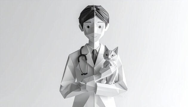 Origami paper craft veterinarian holding a small cat monochrome 3D illustration