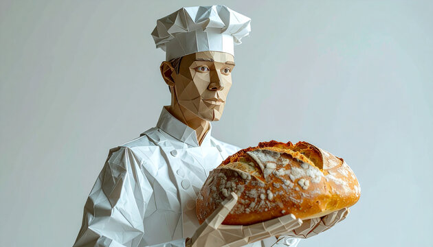 A paper chef with a freshly baked loaf of bread held delicately in his hands, showcasing culinary artistry