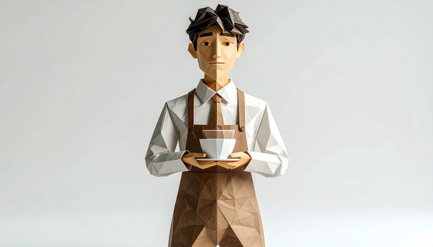 Low Poly Papercraft Style Barista Holding a Fresh Cup of Coffee for Serving in a Professional Cafe Environment