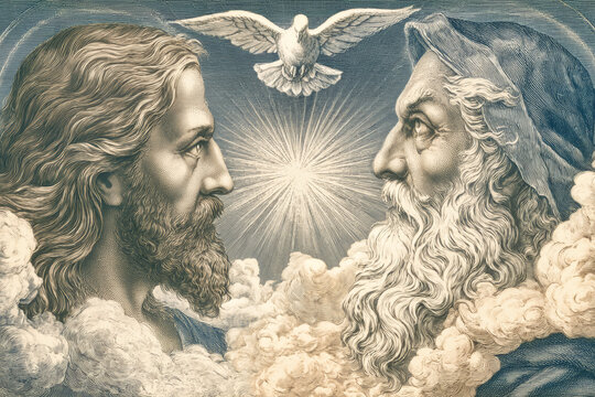 Jesus and God the Father are depicted in profile facing each other. A dove hovers above with light rays shining. Cloud cover enhances the scene of the Holy Trinity