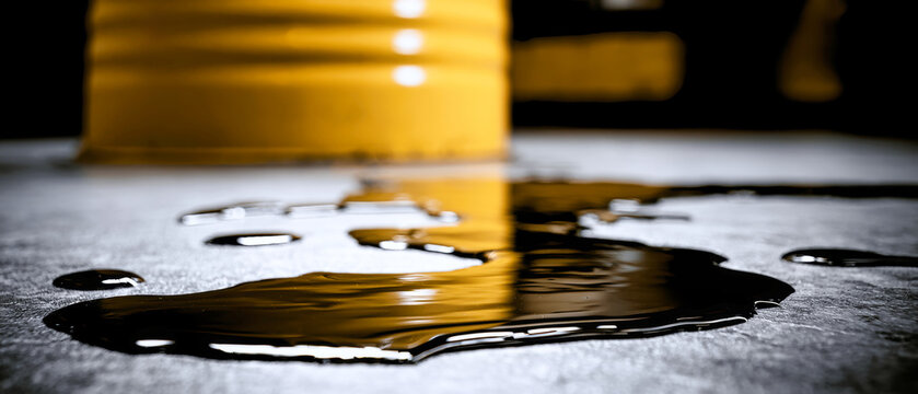 A close-up view shows dark oil spilled on gray linoleum with distinct puddles. A yellow industrial barrel is visible in the background. The scene looks industrial