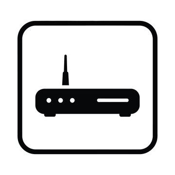 Black router icon on white background with antenna and indicator lights for wireless connectivity