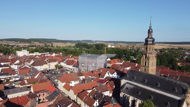 aerial view of the old town Bad K&ouml;nigshofen im Grabfeld in the Rh&ouml;n Region of Lower Franconia, Bavaria, Germany 4k