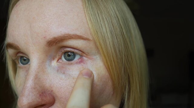 Close-up of a woman applying medical drops to treat a red eye stye or chalazion on the lower eyelid. Healthcare, ophthalmology and infection treatment concept.