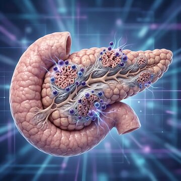 A human pancreas with visible clusters of destroyed Islets of Langerhans cells and surrounding fibrosis, symbolizing Type 1 Diabetes onset, in an aggressive biological attack graphic,