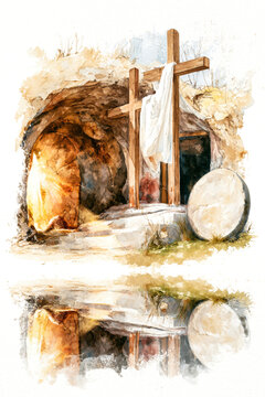 A detailed watercolor scene shows an empty tomb with light on the left and three wooden crosses on a dais. A round stone rests nearby, suggesting the resurrection