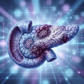 A human pancreas with visible clusters of destroyed Islets of Langerhans cells and surrounding fibrosis, symbolizing Type 1 Diabetes onset, in an aggressive biological attack graphic,