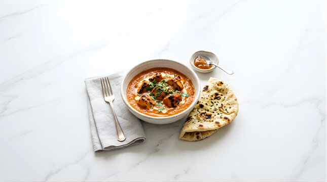 Delicious Butter Chicken Curry Served With Fresh Garlic Naan Bread On A Clean White Marble Tabletop Surface