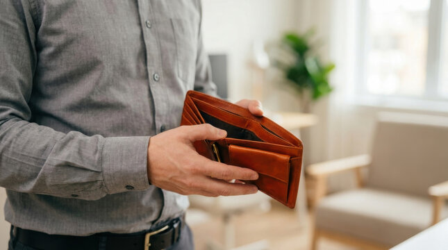 Empty wallet in hand, financial stress and budget planning in home interior