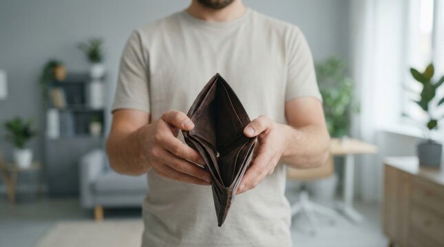 Empty wallet financial stress personal budget money problem debt crisis empty pocket cash shortage household expense economy worry central bank