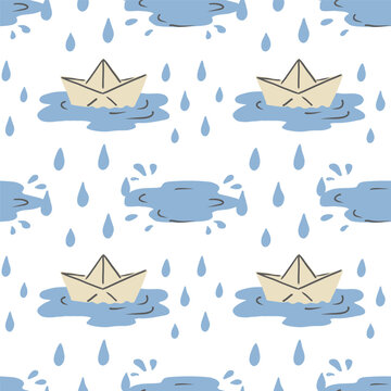 Cute rainy seamless pattern with clouds, puddles and raindrops. Autumn vector background.