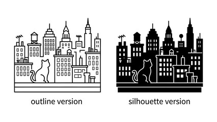 Cityscape with Cat: Two stylized depictions of a city skyline, one in outline and the other as a silhouette, both featuring a cat sitting prominently in the foreground.