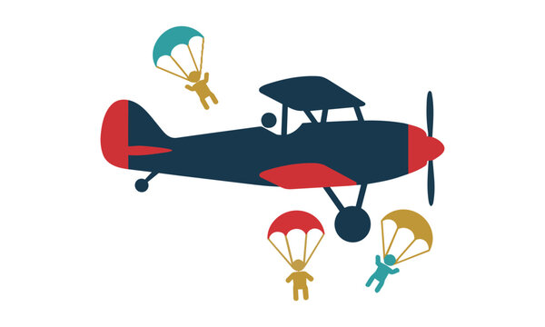 Side profile silhouette of a vintage biplane dropping three parachutists in a minimalist flat design outdoor adventure concept