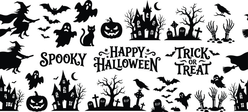 Spooky halloween day silhouettes witch ghosts pumpkins and haunted house vector illustration for festive designs