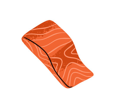 Salmon fillet. Cute piece of red fish. Organic and natural source of omega 3. Healthy food for proper nutrition. Seafood, gourmet eating. Flat isolated vector illustration on white background