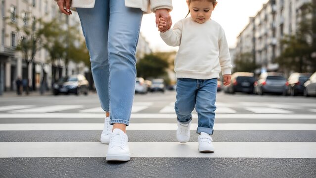 Close up of a mother and her young child feet walking together on a painted white zebra crossing on street