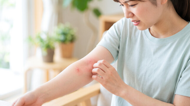 女性の腕にできた虫刺され 肌の赤みや腫れ・かゆみに悩む大人のスキンケアイメージ