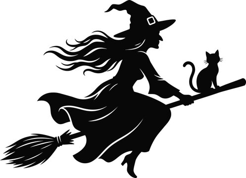 Spooky halloween day silhouette witch flying on broom with black cat perfect for festive designs