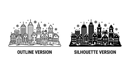 Naklejka premium Cityscape Duo: A charming cityscape presented in both an outline and silhouette version, featuring a collection of buildings with diverse architectural styles, adorned with festive elements.
