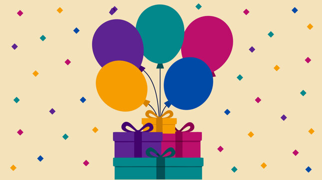 A flat vector illustration of five vibrant jewel-toned balloons floating above a stack of colorful gift boxes with ribbons, set against a cream background with scattered diamond confetti for a