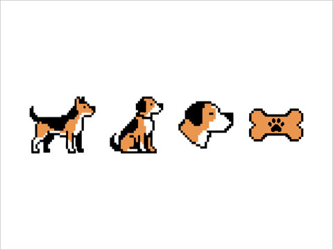 Retro Pixel Art Dog Breeds and Domestic Pets Icons Set Vector