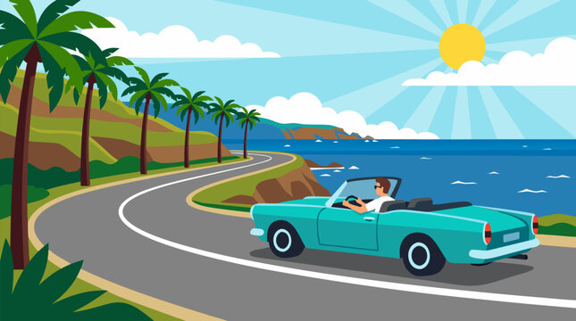 A vibrant vector illustration of a man driving a turquoise convertible car along a winding coastal highway lined with lush palm trees under a bright summer sun with blue ocean waves and sunny sky