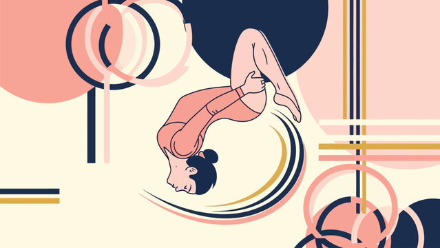Female High Diver Flipping in Mid-Air Vector Illustration: Gymnastics or Acrobatic Athlete Performing Somersault and Abstract Geometric Retro Shapes Background, Creative Sports Banner 