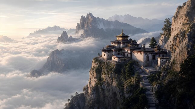 A remote monastery clings to a sheer mountain cliff above a sea of clouds, suited for travel, meditation, adventure, or cinematic destination promotions.