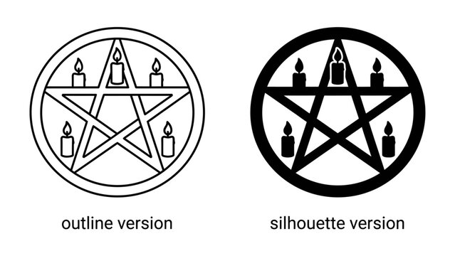 Pentagram Symbol with Candles: Two versions of a pentagram symbol, one an outline and the other a silhouette, are depicted with five candles placed around it.