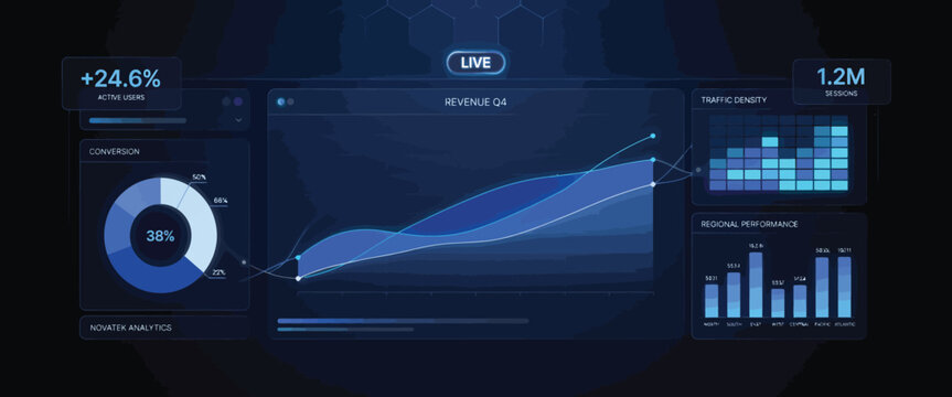 Blue Business Infographic with Graphs and Charts on Dark Background