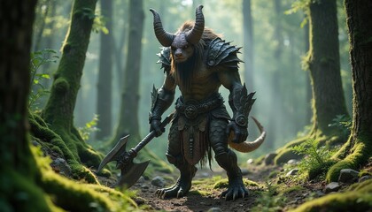 Obraz premium Powerful horned beast stands in dark misty forest clearing. Mythical monster holds metal battle axe wearing armor. Fantasy warrior guardian waits in ancient woodland surrounded by mossy trees.