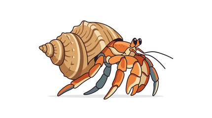 A cartoon hermit crab with a large shell walking against a white background.