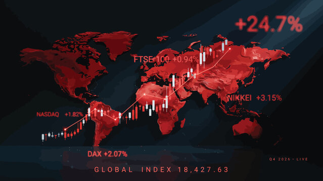 Global Stock Market Growth with Red World Map and Financial Charts