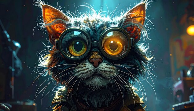Steampunk style cat with oversized vintage goggles steampunk whiskers portrait mechanical victorian colorful artistic