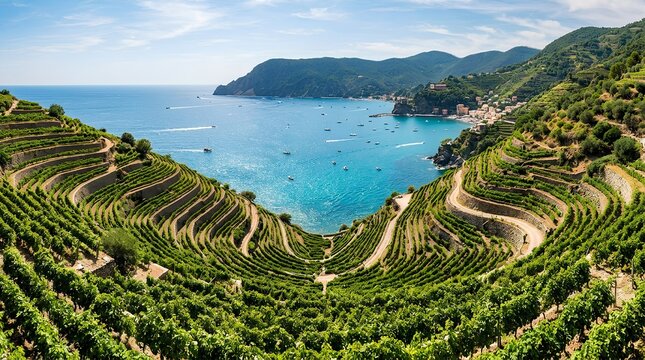 Terraced green vineyards curve above a turquoise coastal bay with boats, mountains, and a seaside village, ideal for Mediterranean travel and wine tourism promotion.