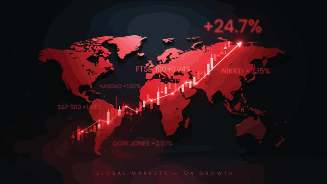 Red Global Financial Growth Map with Increasing Chart