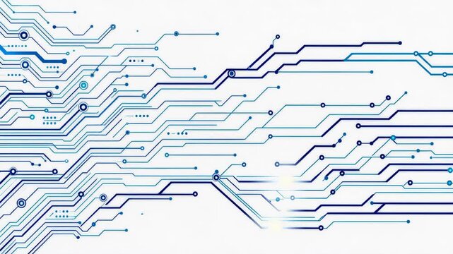 Abstract blue circuit lines on white background representing technology network