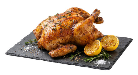 Delicious roasted chicken with herbs and lemon served on a slate plate © Sapphire